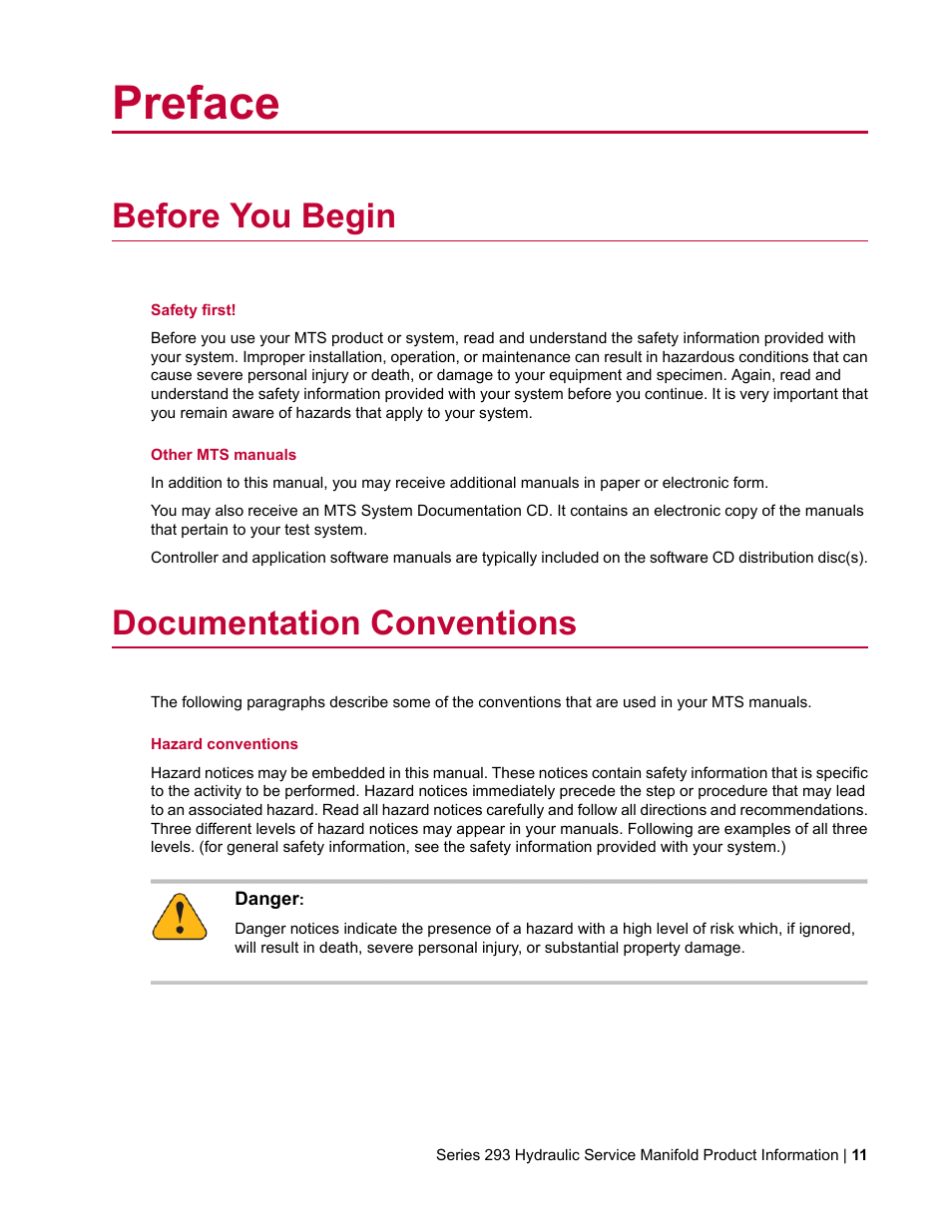 Preface, Before you begin, Documentation conventions | MTS Hydraulic Service Manifold Model 293-12B User Manual | Page 11 / 52