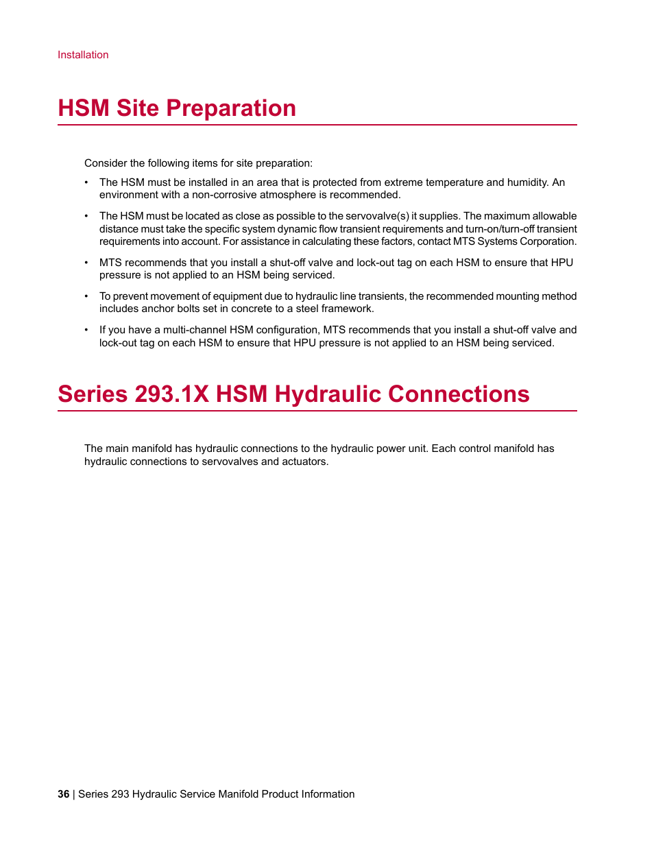 Hsm site preparation, Series 293.1x hsm hydraulic connections | MTS Hydraulic Service Manifold Model 293-12B User Manual | Page 36 / 52