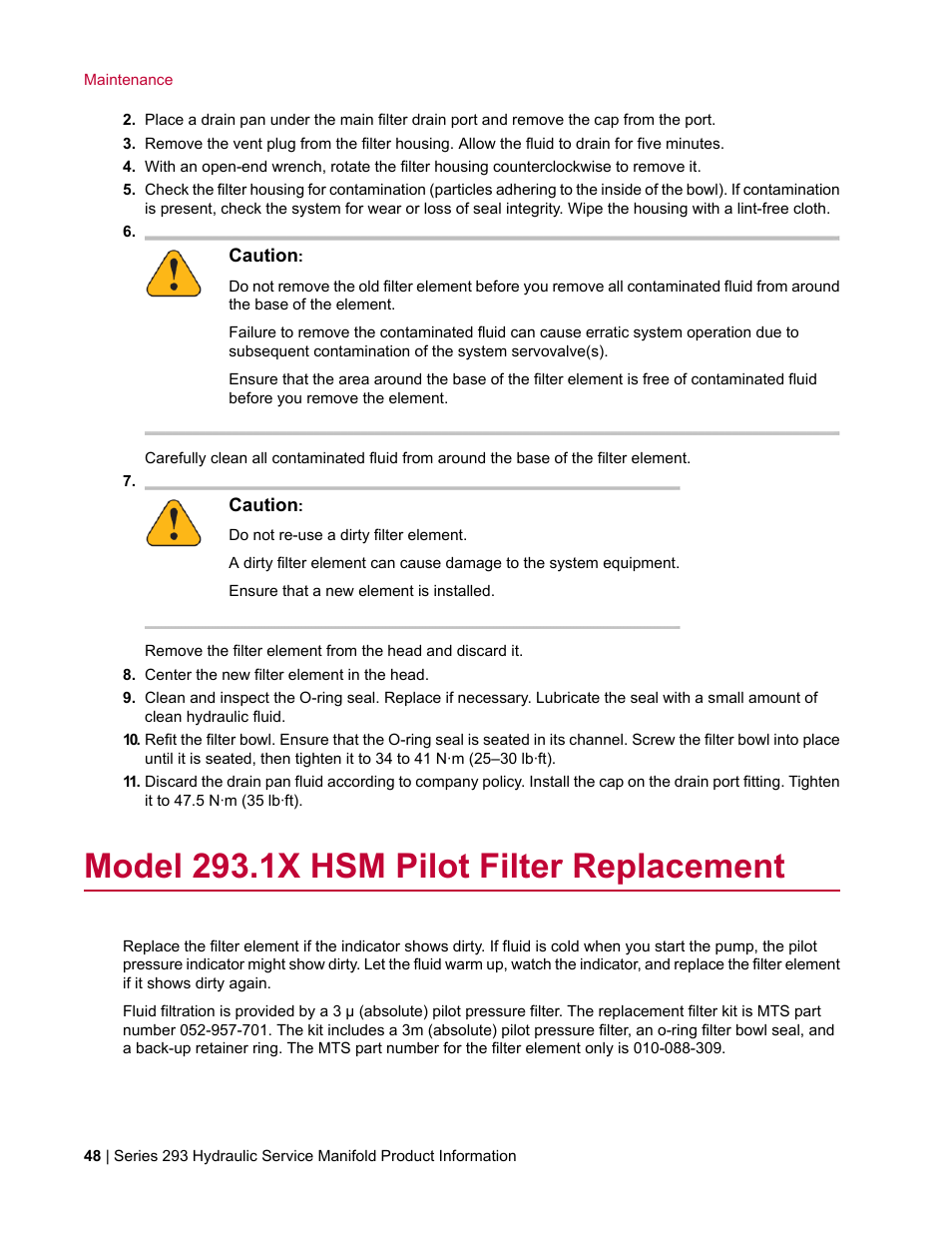 Model 293.1x hsm pilot filter replacement | MTS Hydraulic Service Manifold Model 293-12B User Manual | Page 48 / 52