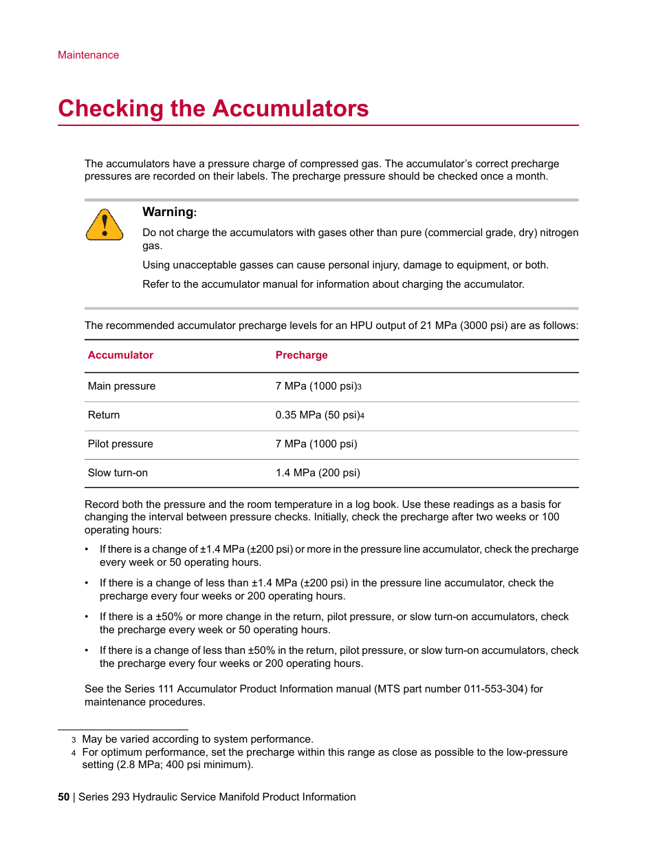 Checking the accumulators | MTS Hydraulic Service Manifold Model 293-12B User Manual | Page 50 / 52