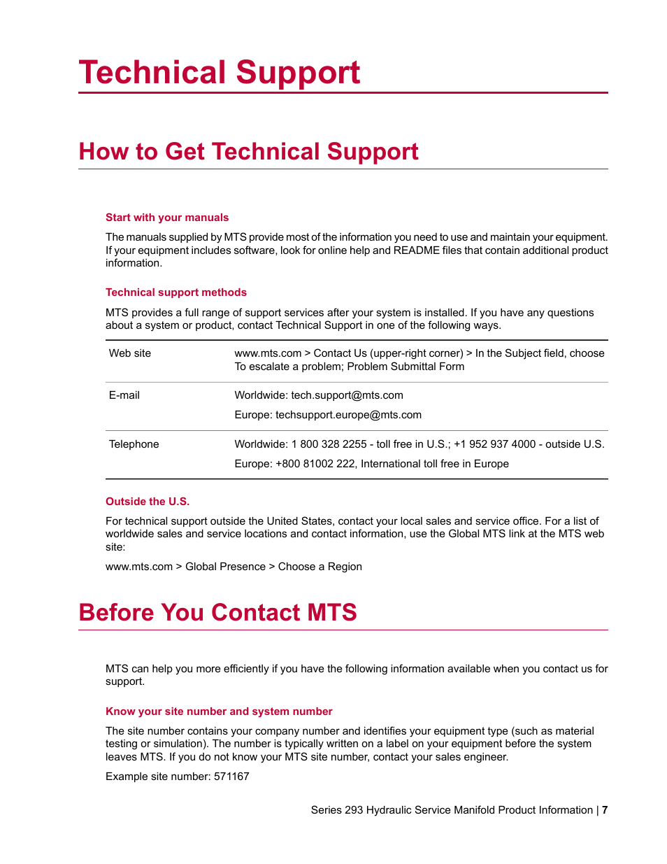 Technical support, How to get technical support, Before you contact mts | MTS Hydraulic Service Manifold Model 293-12B User Manual | Page 7 / 52