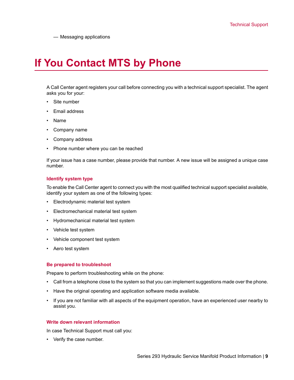 If you contact mts by phone | MTS Hydraulic Service Manifold Model 293-12B User Manual | Page 9 / 52