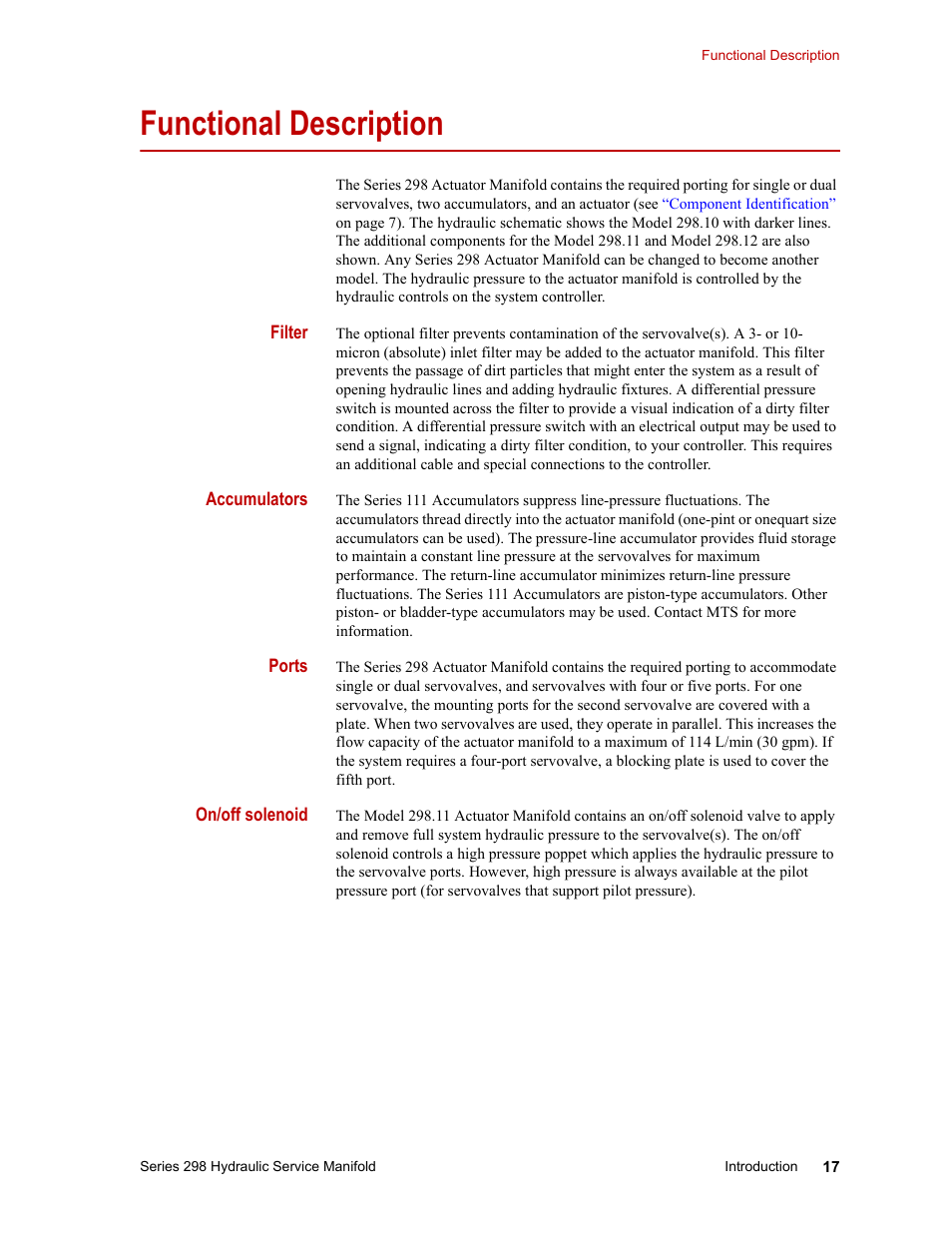 Functional description, Filter, Accumulators | Ports, On/off solenoid, Functional description 17 | MTS Series 298 Hydraulic Service Manifold User Manual | Page 17 / 38