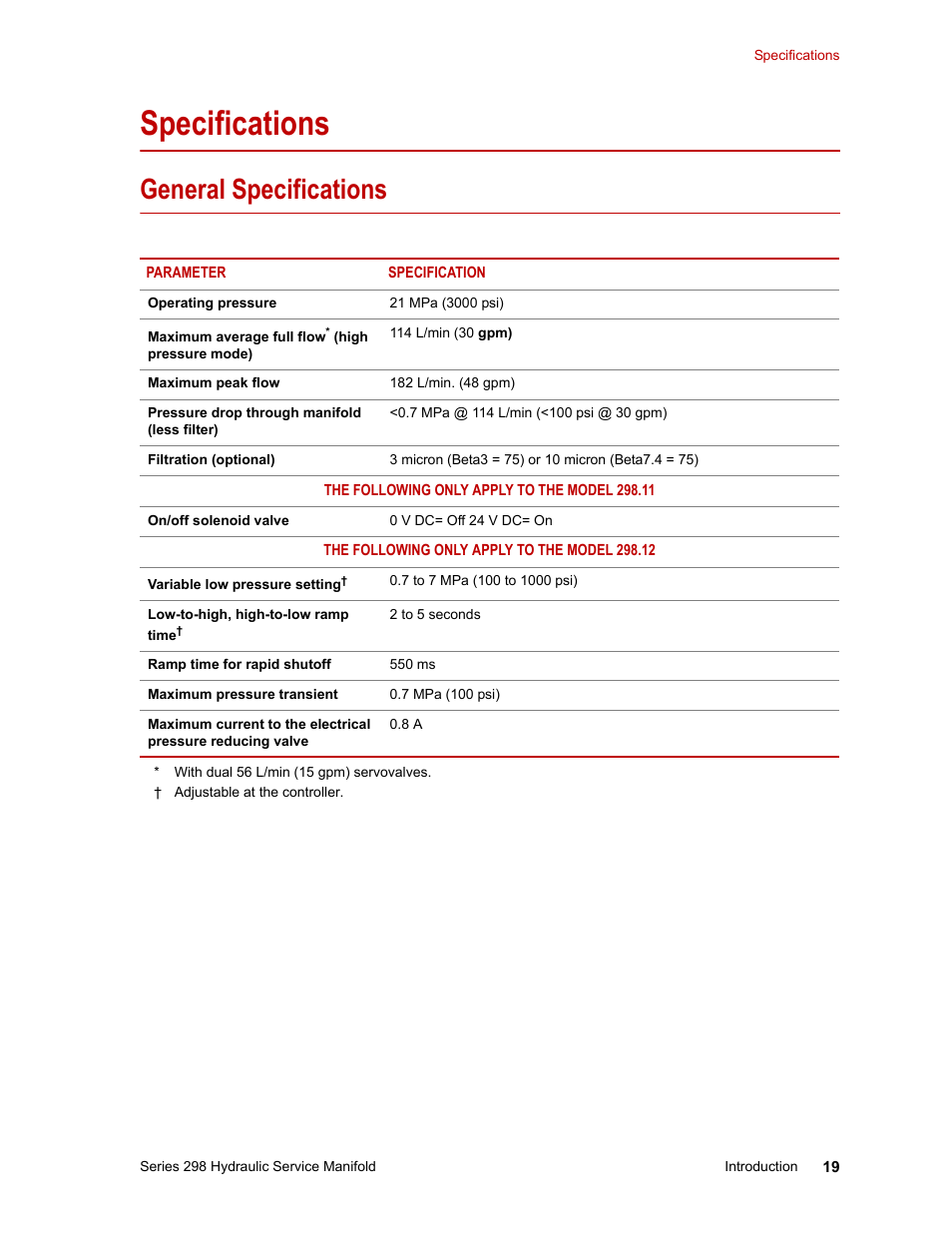 Specifications, General specifications, Specifications 19 | General specifications 19 | MTS Series 298 Hydraulic Service Manifold User Manual | Page 19 / 38