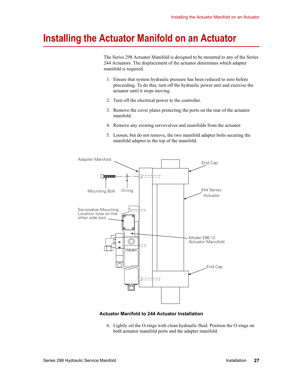 Installing the actuator manifold on an actuator, Installing the actuator manifold on an actuator 27 | MTS Series 298 Hydraulic Service Manifold User Manual | Page 27 / 38