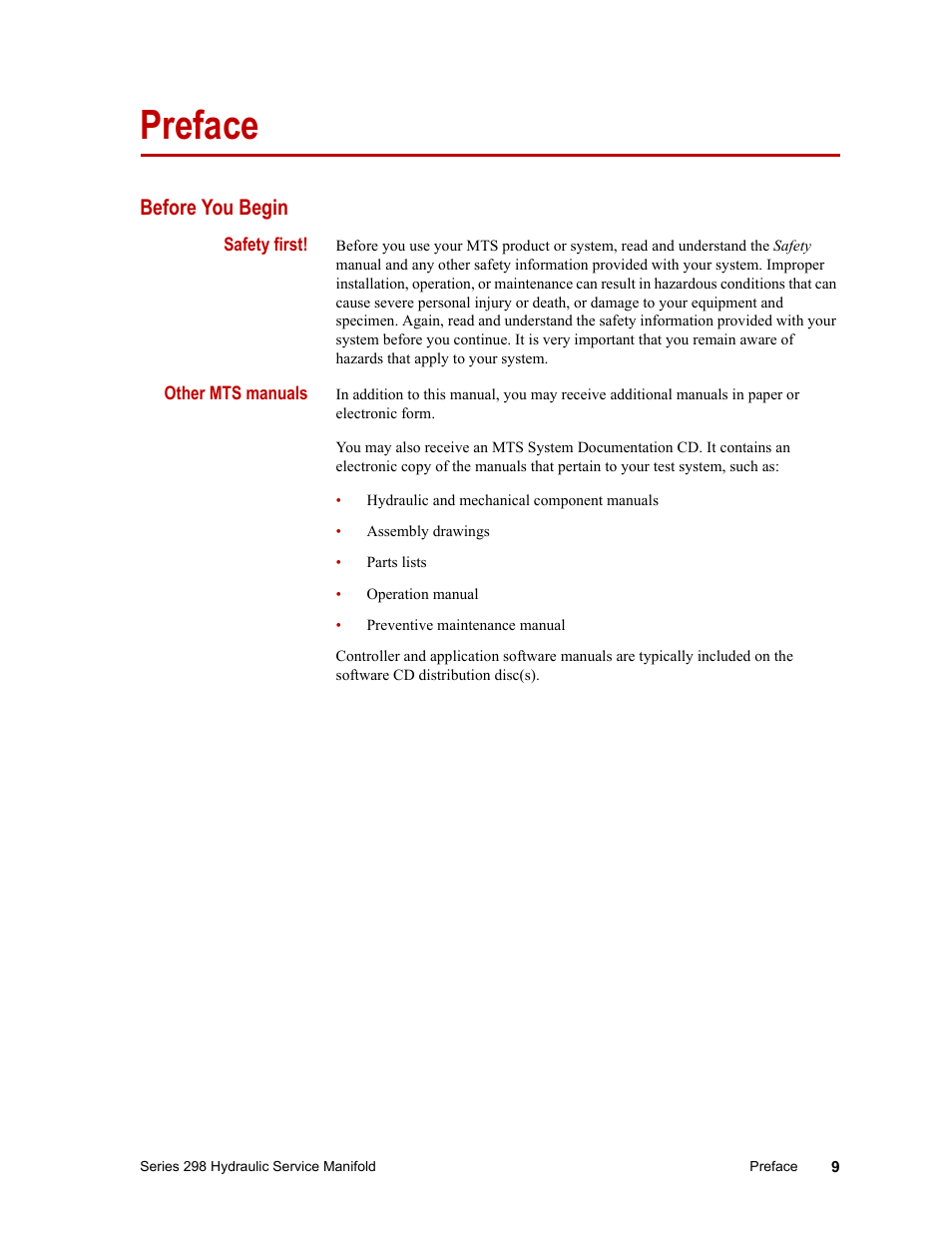 Preface, Before you begin, Safety first | Other mts manuals, Preface 9 | MTS Series 298 Hydraulic Service Manifold User Manual | Page 9 / 38