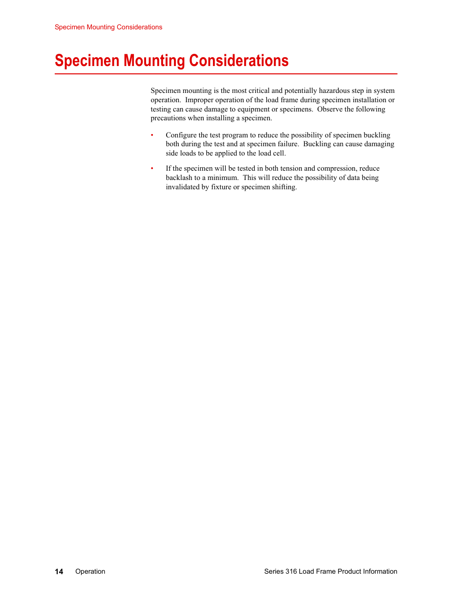 Specimen mounting considerations, Specimen mounting considerations 14 | MTS 316 Load Frame User Manual | Page 14 / 44