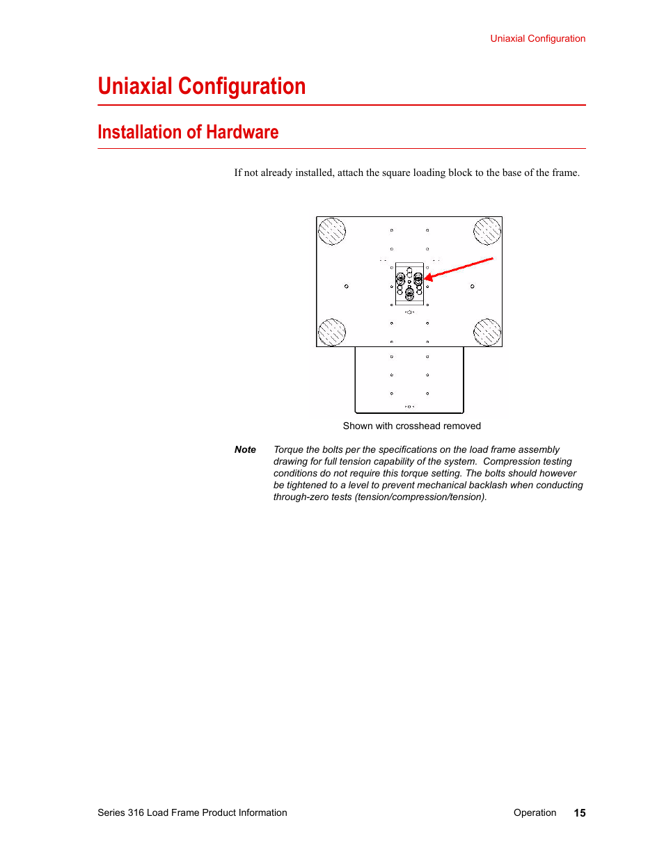 Uniaxial configuration, Installation of hardware, Uniaxial configuration 15 | Installation of hardware 15 | MTS 316 Load Frame User Manual | Page 15 / 44