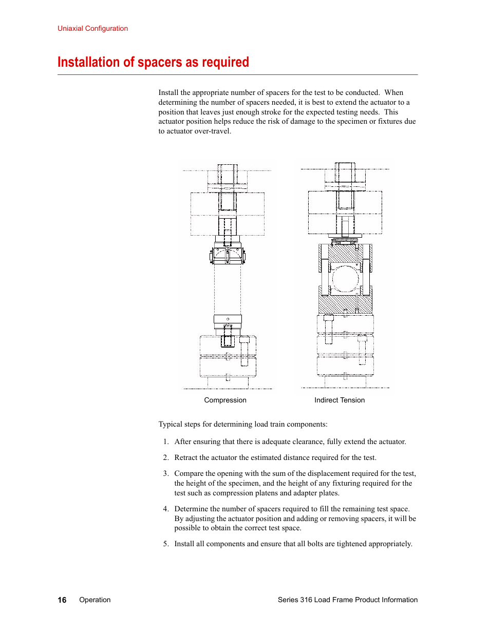 Installation of spacers as required, Installation of spacers as required 16 | MTS 316 Load Frame User Manual | Page 16 / 44