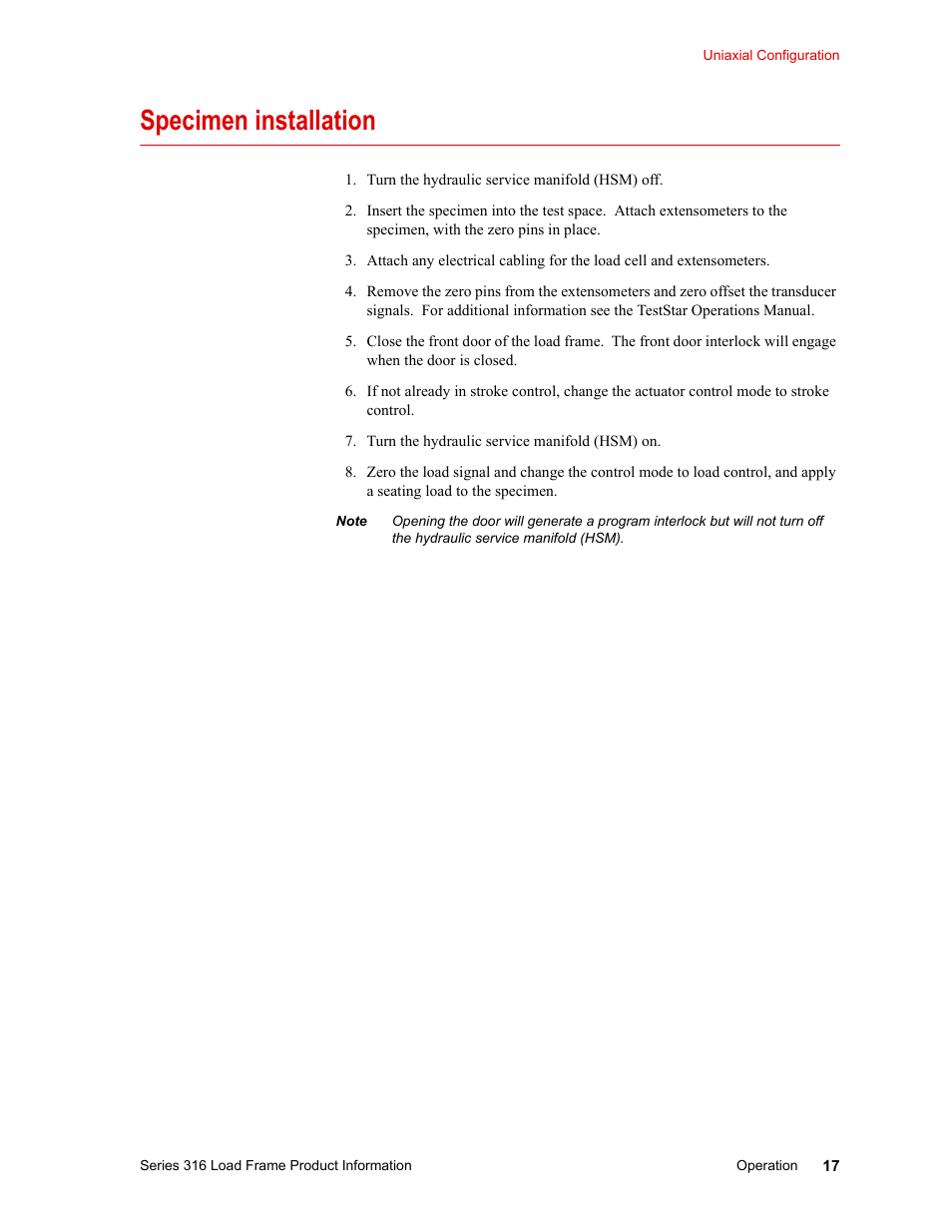 Specimen installation, Specimen installation 17 | MTS 316 Load Frame User Manual | Page 17 / 44