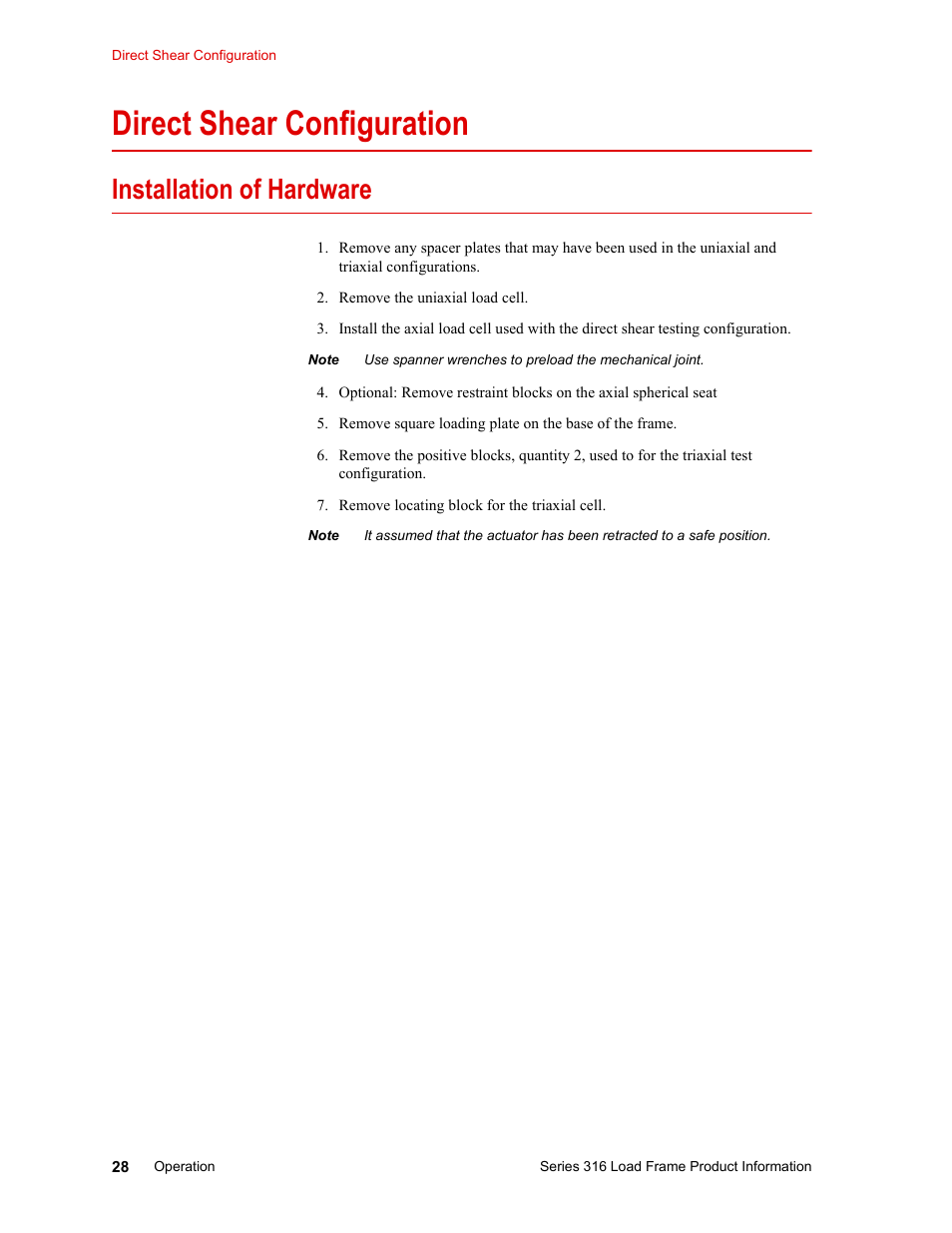 Direct shear configuration, Installation of hardware, Direct shear configuration 28 | Installation of hardware 28 | MTS 316 Load Frame User Manual | Page 28 / 44