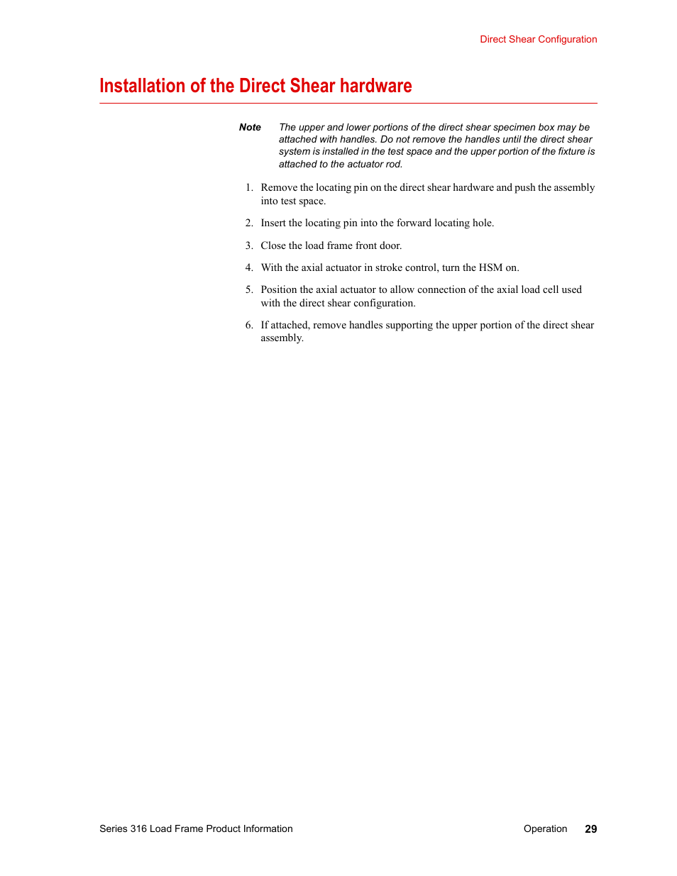 Installation of the direct shear hardware, Installation of the direct shear hardware 29 | MTS 316 Load Frame User Manual | Page 29 / 44