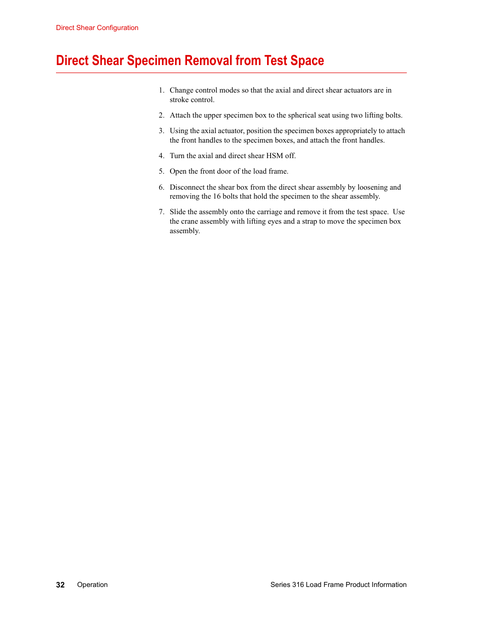 Direct shear specimen removal from test space, Direct shear specimen removal from test space 32 | MTS 316 Load Frame User Manual | Page 32 / 44