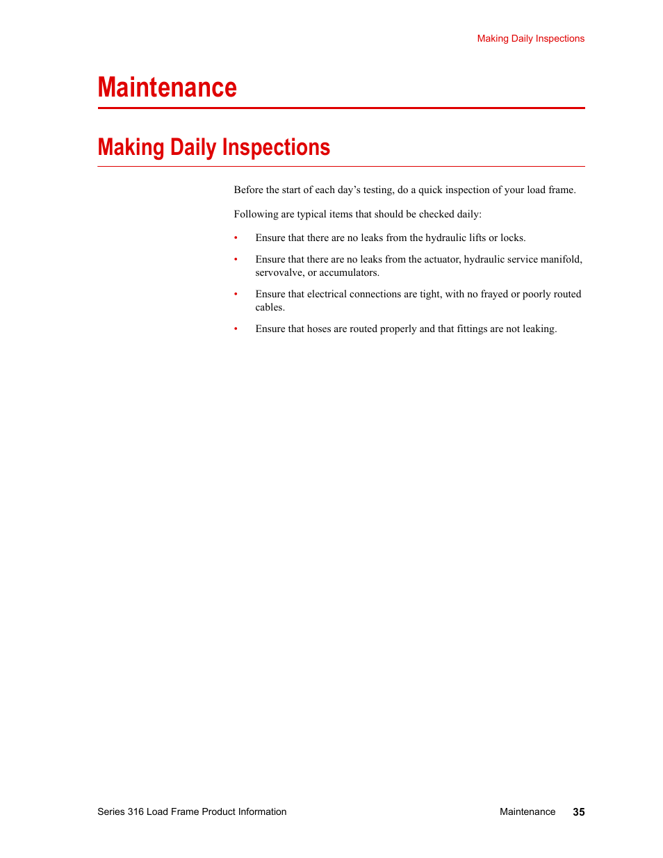 Maintenance, Making daily inspections, Maintenance 35 | Making daily inspections 35 | MTS 316 Load Frame User Manual | Page 35 / 44