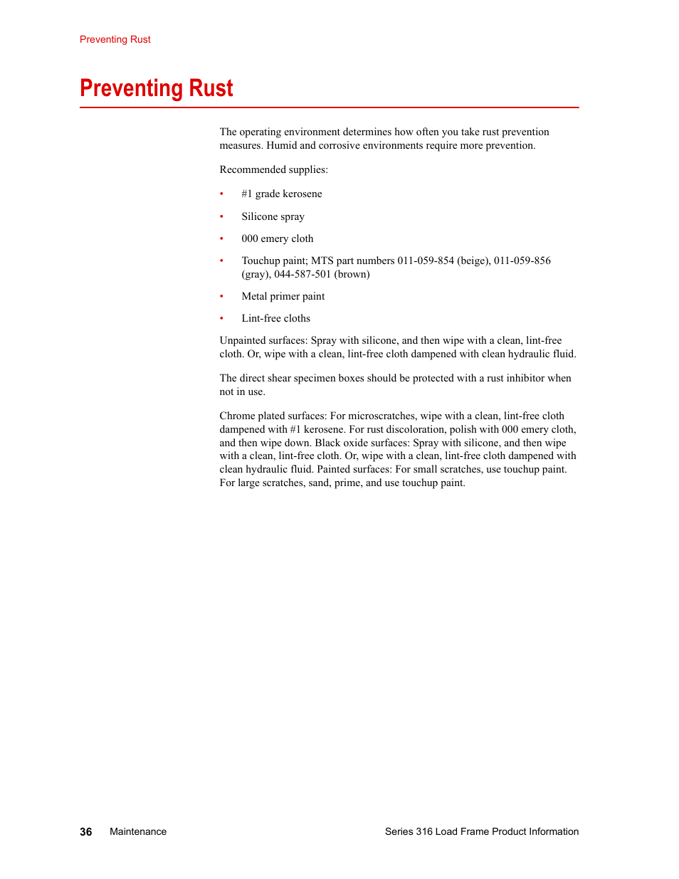 Preventing rust, Preventing rust 36 | MTS 316 Load Frame User Manual | Page 36 / 44