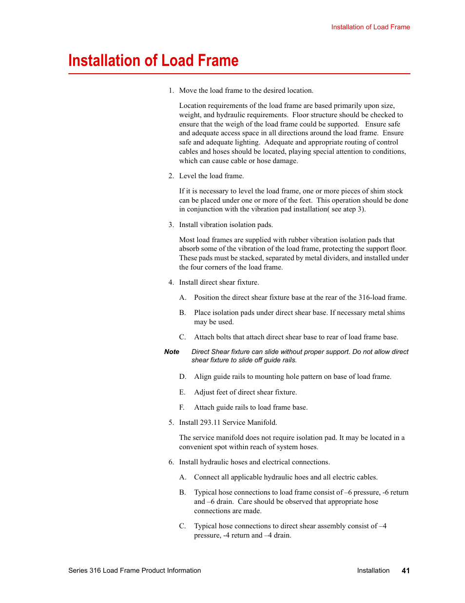 Installation of load frame | MTS 316 Load Frame User Manual | Page 41 / 44