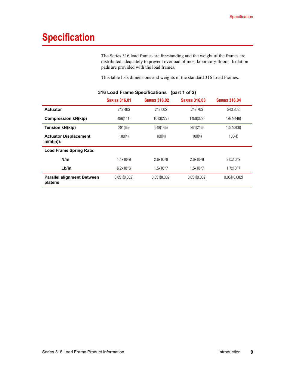 Specification, Specification 9 | MTS 316 Load Frame User Manual | Page 9 / 44