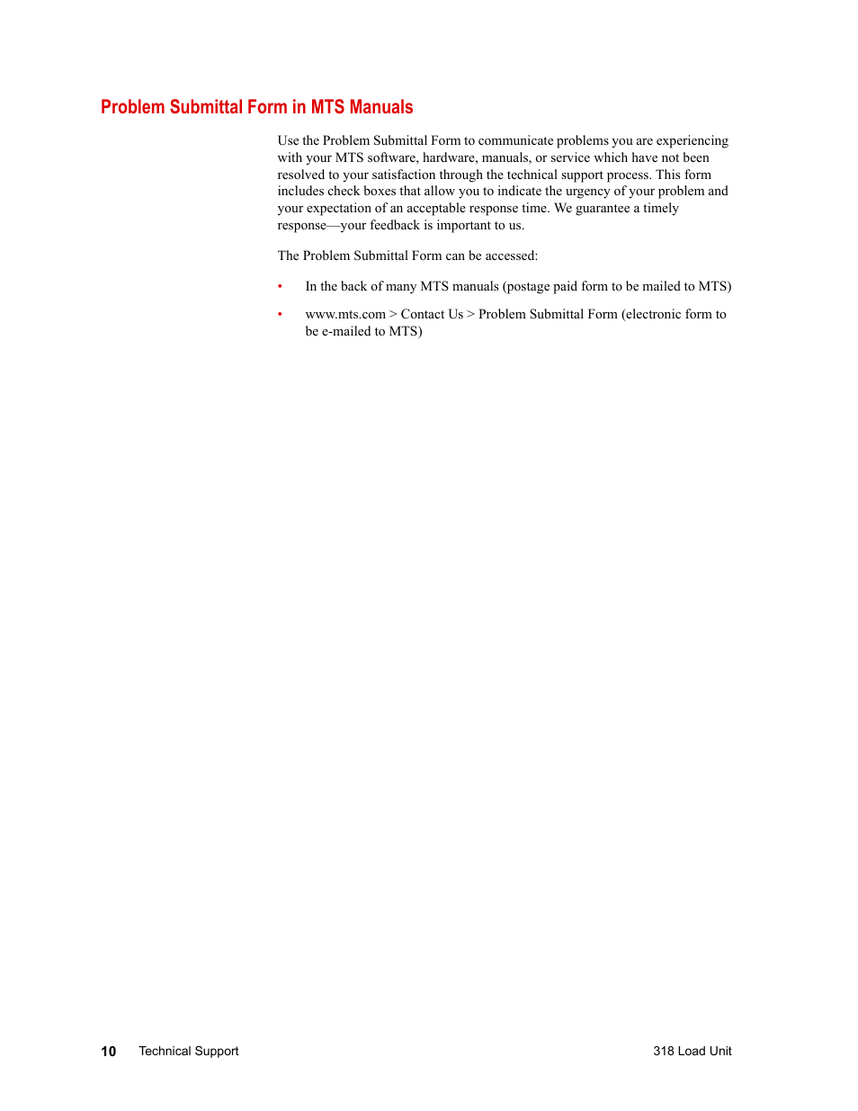 Problem submittal form in mts manuals, Problem submittal form in mts manuals 10 | MTS 318 Load Unit User Manual | Page 10 / 120