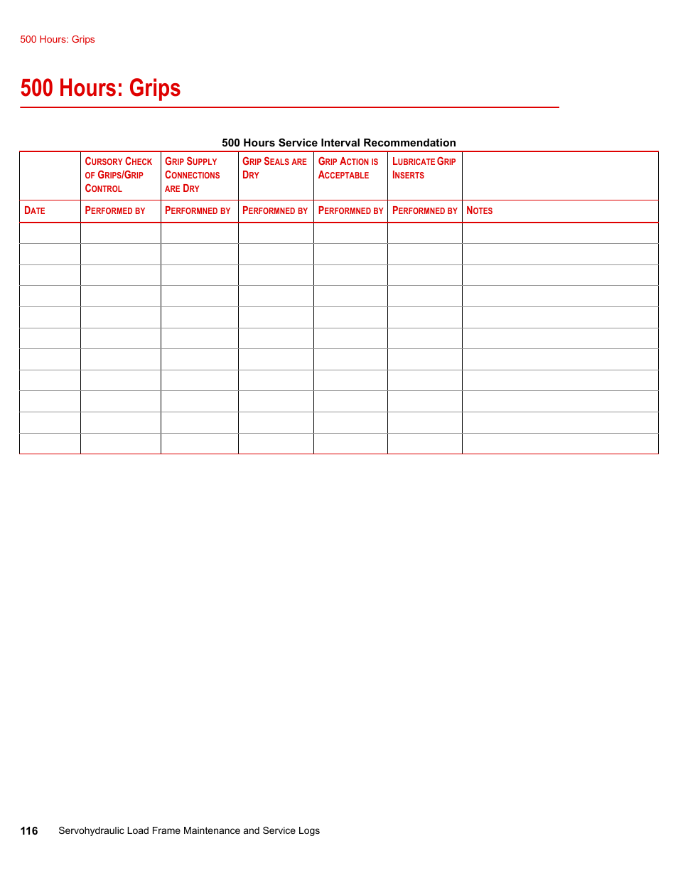 500 hours: grips, 500 hours: grips 116 | MTS 318 Load Unit User Manual | Page 116 / 120