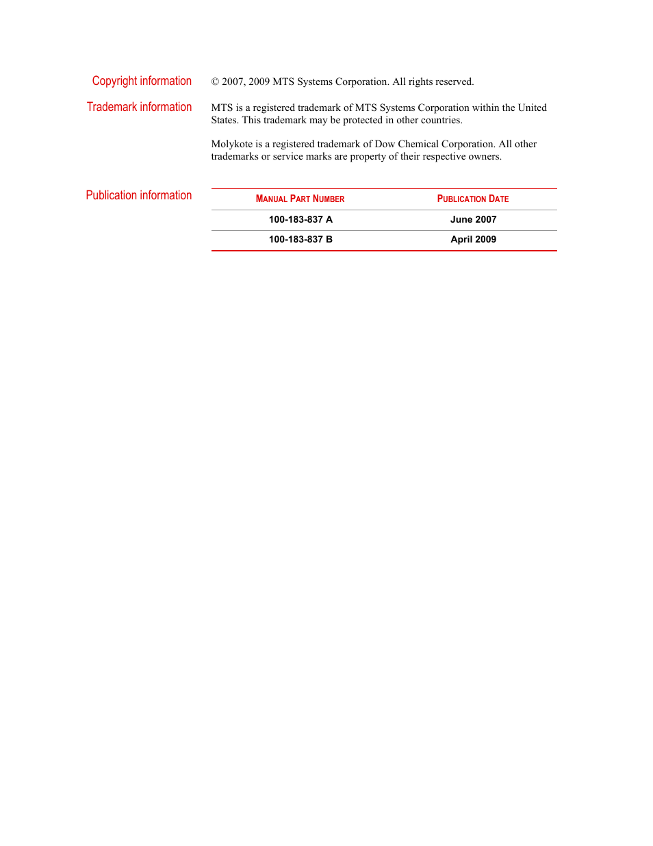 Copyright information, Trademark information, Publication information | MTS 318 Load Unit User Manual | Page 2 / 120
