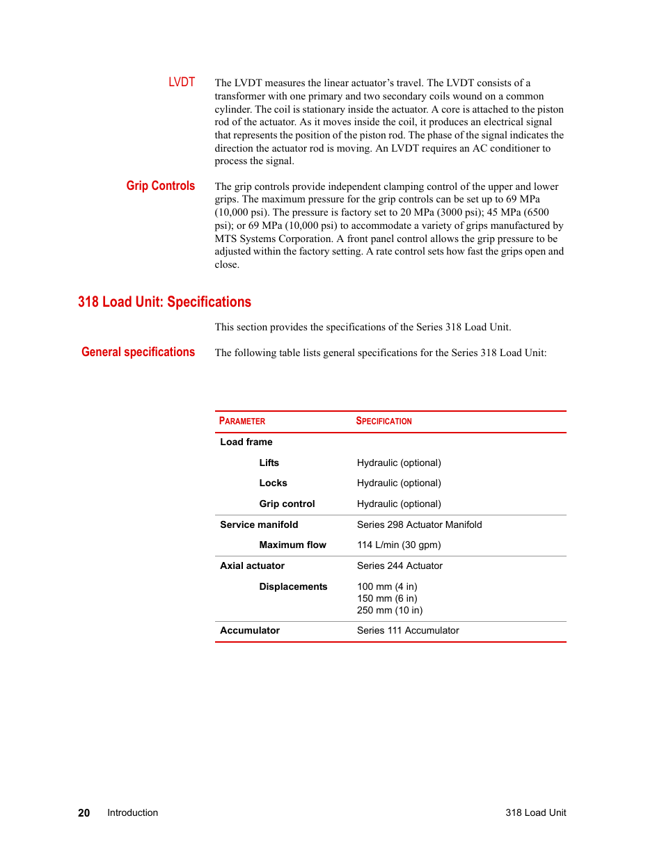 318 load unit: specifications, 318 load unit: specifications 20 | MTS 318 Load Unit User Manual | Page 20 / 120