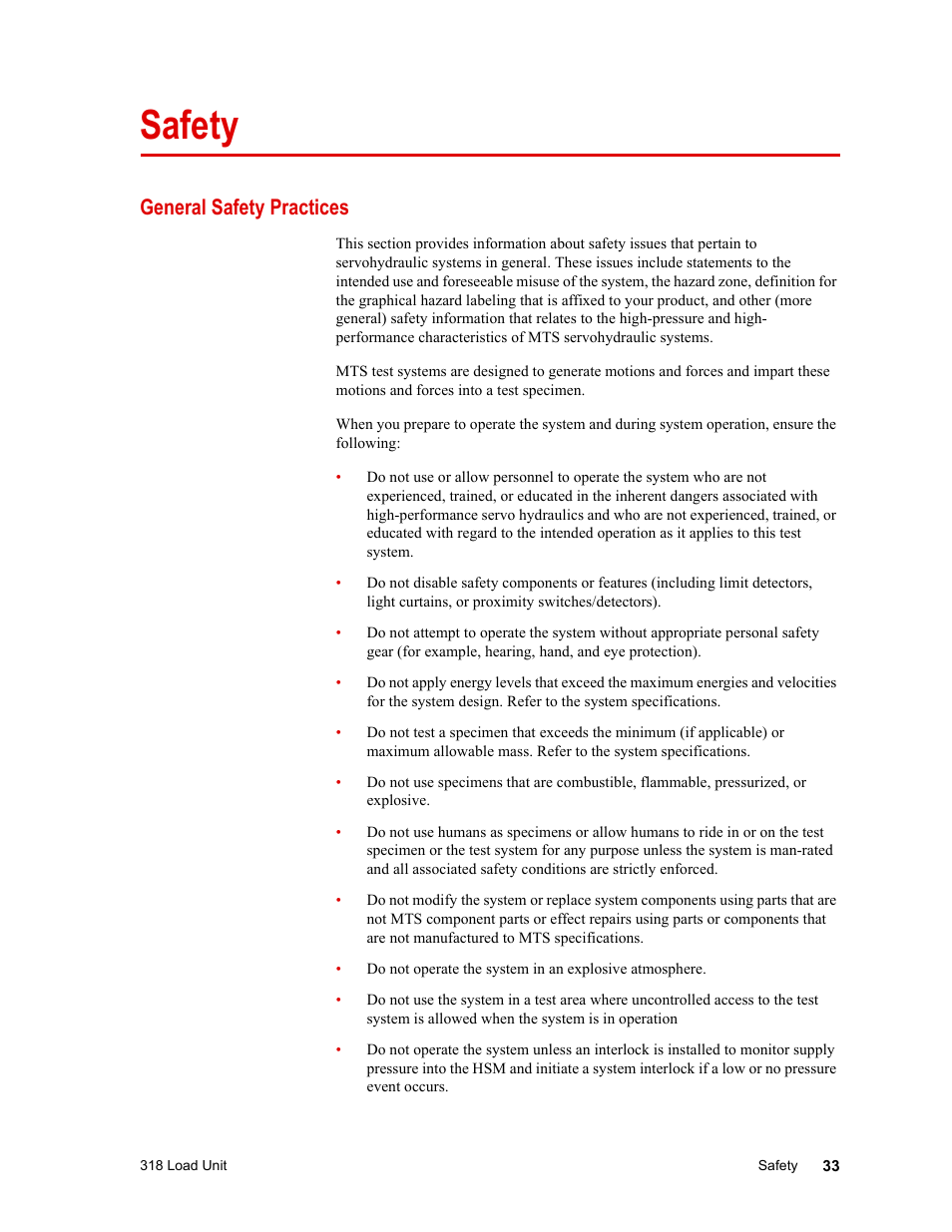 Safety, General safety practices, Safety 33 | General safety practices 33 | MTS 318 Load Unit User Manual | Page 33 / 120