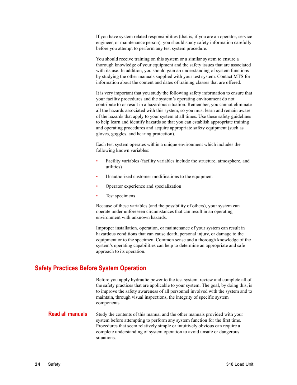 Safety practices before system operation, Safety practices before system operation 34 | MTS 318 Load Unit User Manual | Page 34 / 120