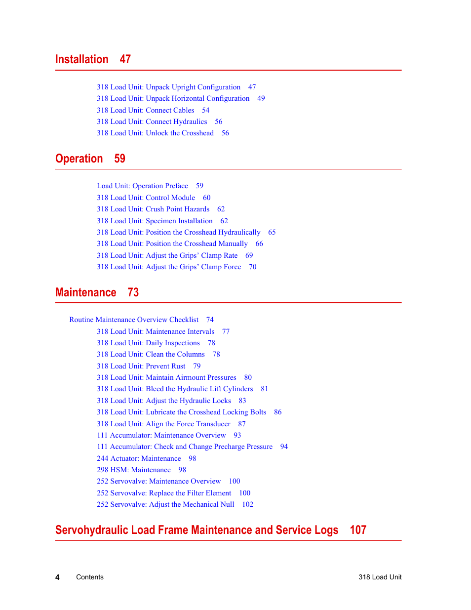 Installation 47, Operation 59, Maintenance 73 | MTS 318 Load Unit User Manual | Page 4 / 120