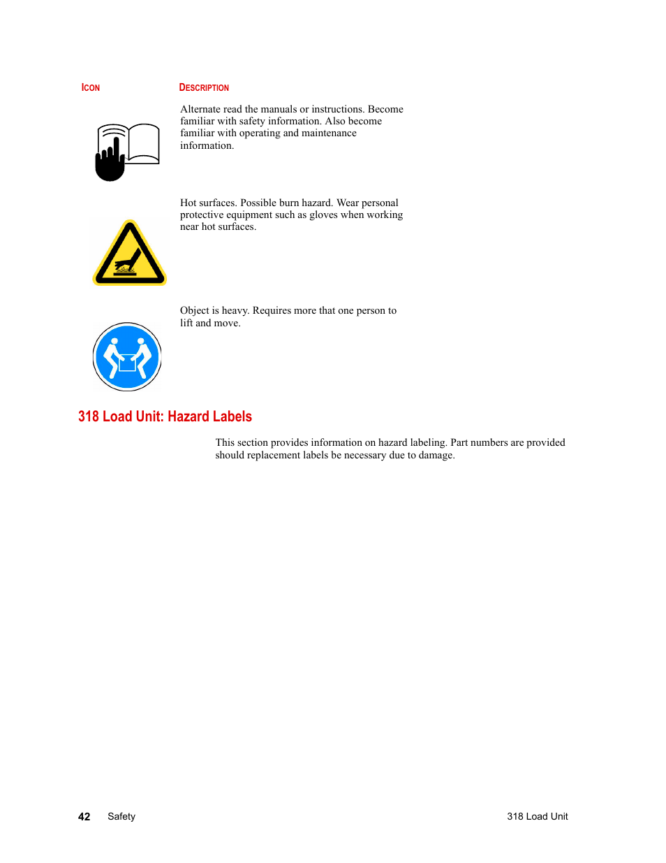 318 load unit: hazard labels, 318 load unit: hazard labels 42 | MTS 318 Load Unit User Manual | Page 42 / 120