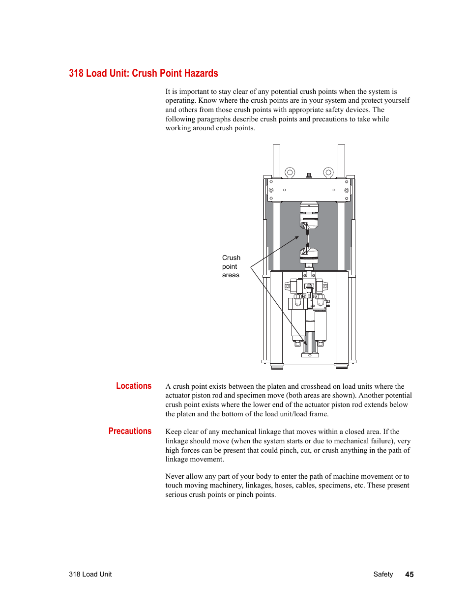 318 load unit: crush point hazards, 45 318 load unit: crush point hazards 45 | MTS 318 Load Unit User Manual | Page 45 / 120