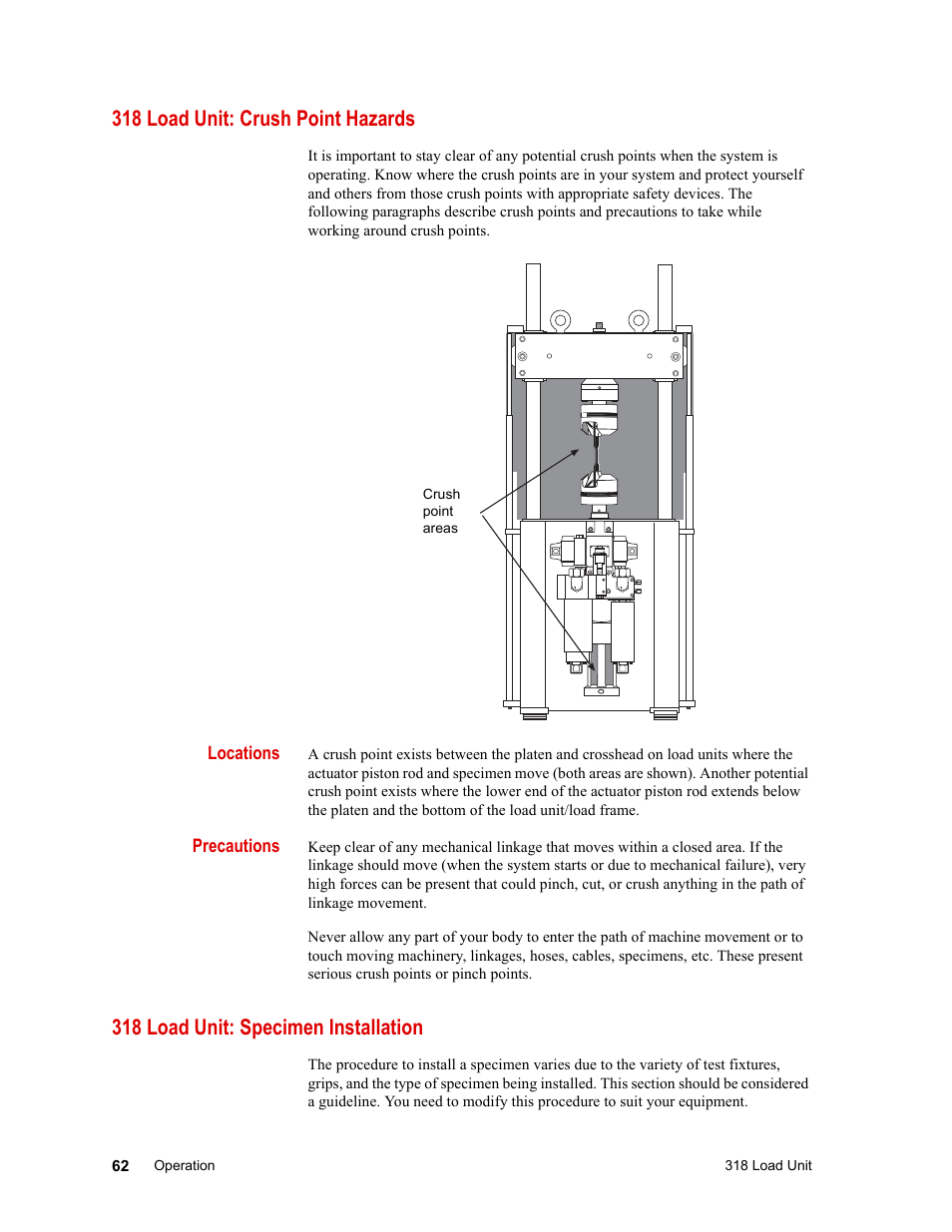 318 load unit: crush point hazards, 318 load unit: specimen installation | MTS 318 Load Unit User Manual | Page 62 / 120