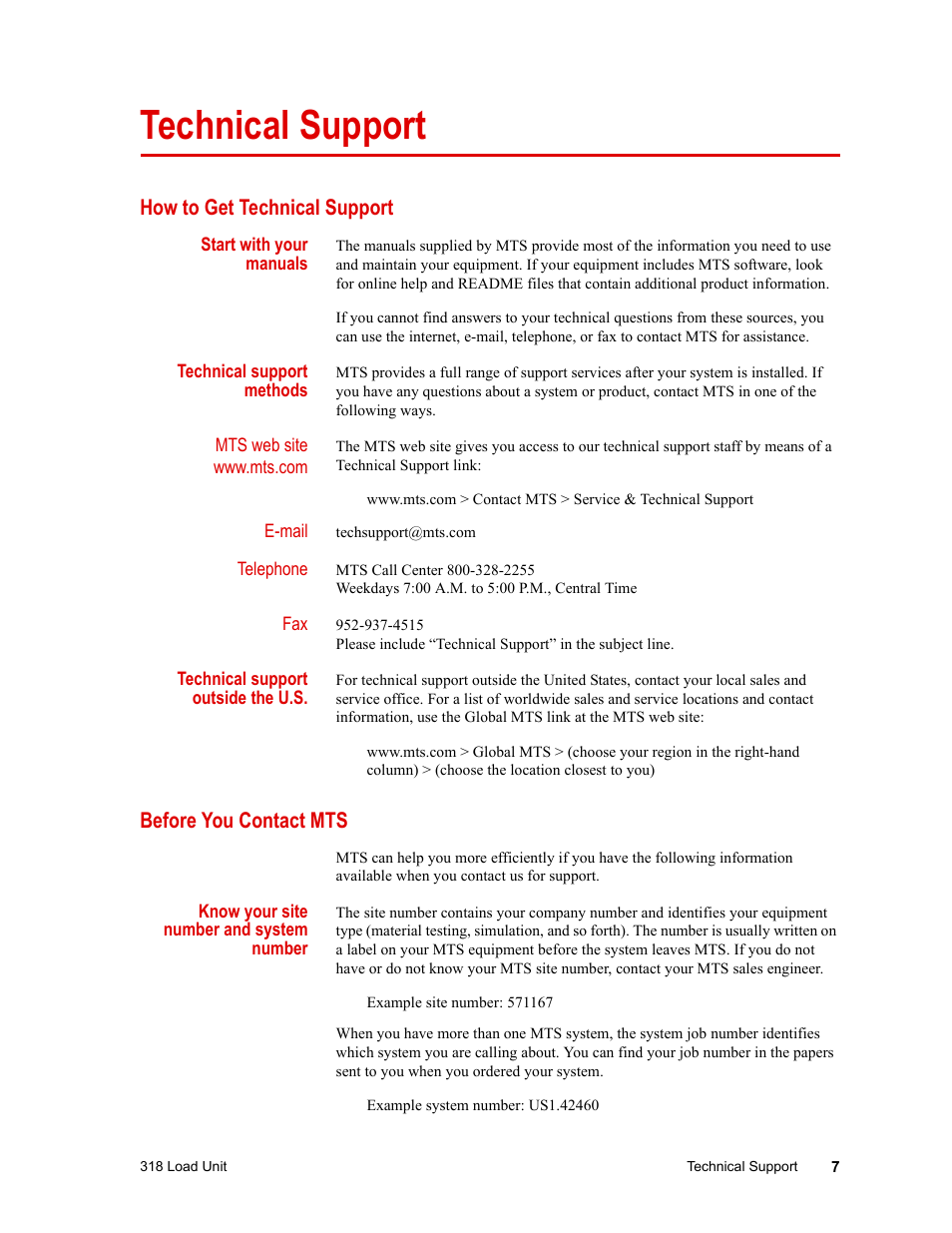 Technical support, How to get technical support, Before you contact mts | Technical support 7 | MTS 318 Load Unit User Manual | Page 7 / 120