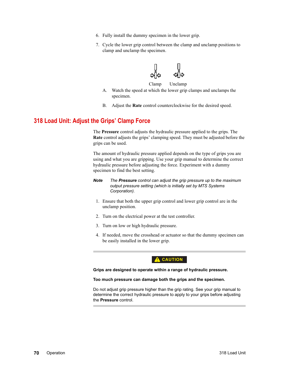 318 load unit: adjust the grips’ clamp force, 318 load unit: adjust the grips’ clamp force 70 | MTS 318 Load Unit User Manual | Page 70 / 120