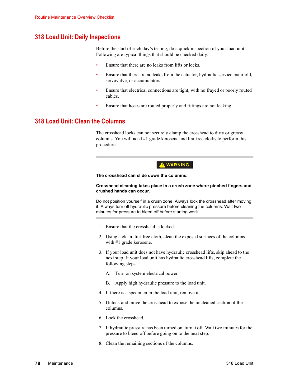 318 load unit: daily inspections, 318 load unit: clean the columns, 318 load unit: daily inspections 78 | 318 load unit: clean the columns 78 | MTS 318 Load Unit User Manual | Page 78 / 120