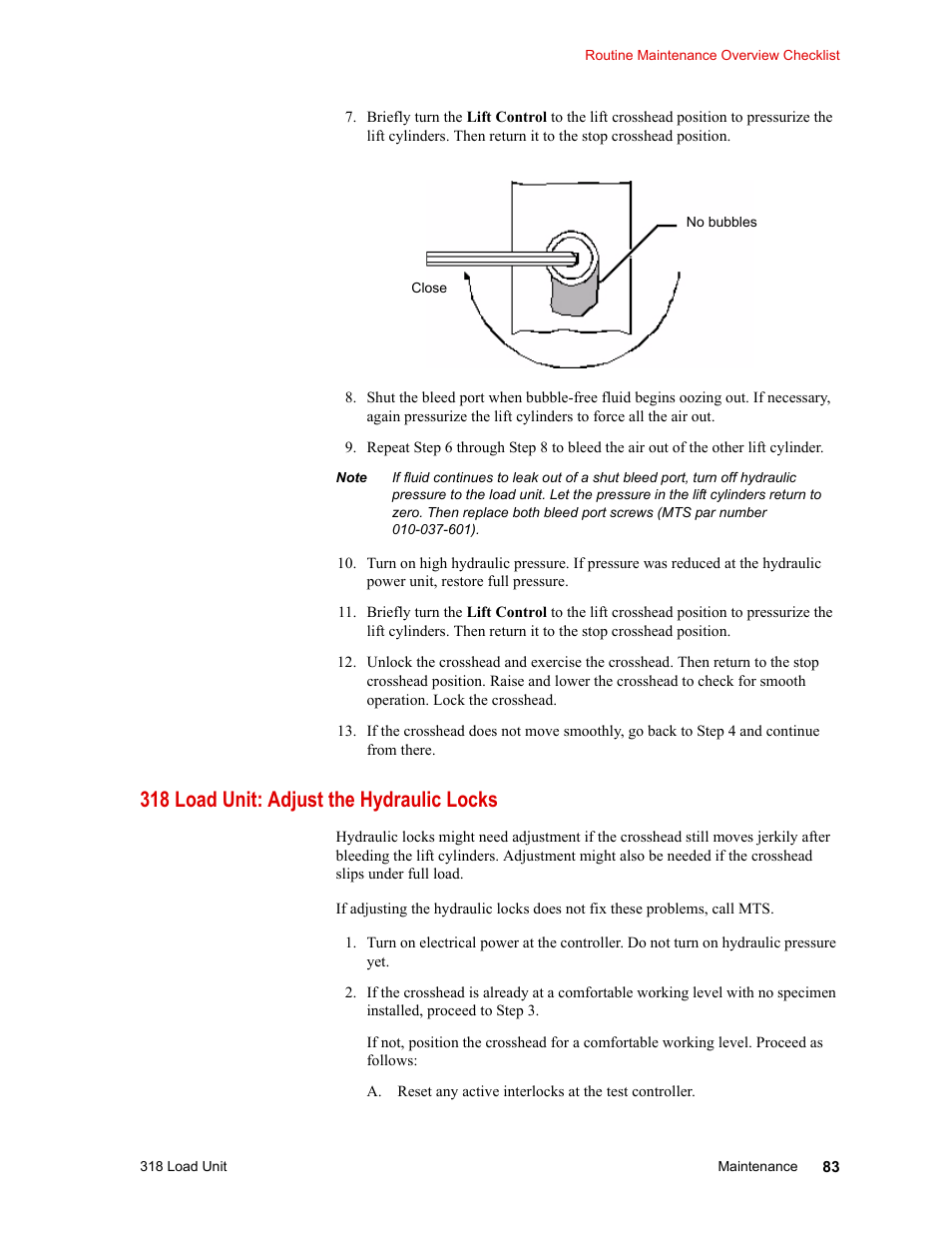 318 load unit: adjust the hydraulic locks, 318 load unit: adjust the hydraulic locks 83 | MTS 318 Load Unit User Manual | Page 83 / 120