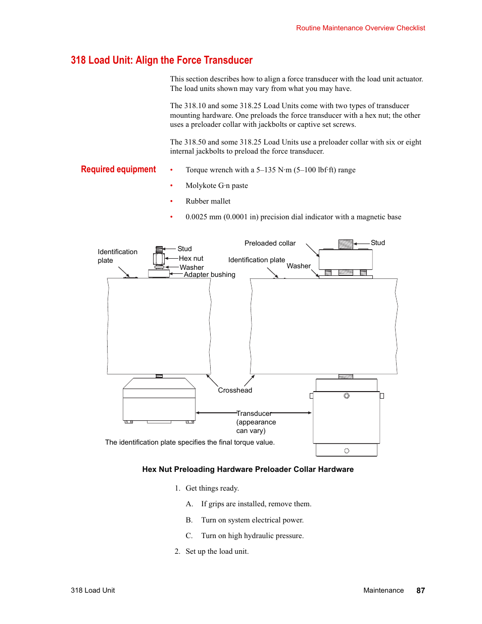 318 load unit: align the force transducer, 318 load unit: align the force transducer 87 | MTS 318 Load Unit User Manual | Page 87 / 120