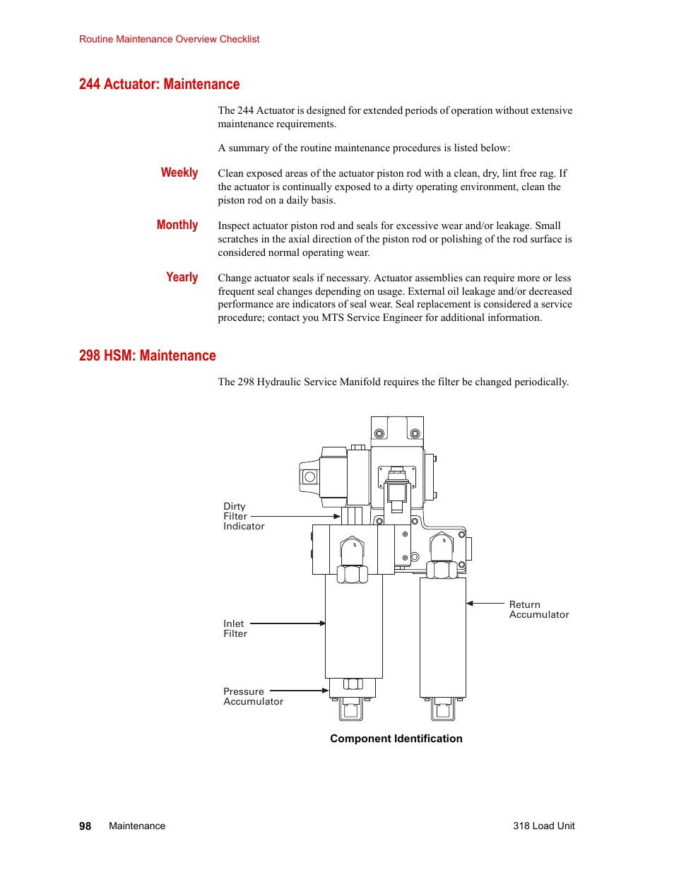 244 actuator: maintenance, 298 hsm: maintenance, 244 actuator: maintenance 98 | 298 hsm: maintenance 98 | MTS 318 Load Unit User Manual | Page 98 / 120