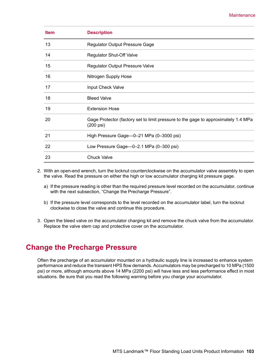 Change the precharge pressure | MTS Landmark  Floor Standing User Manual | Page 103 / 128