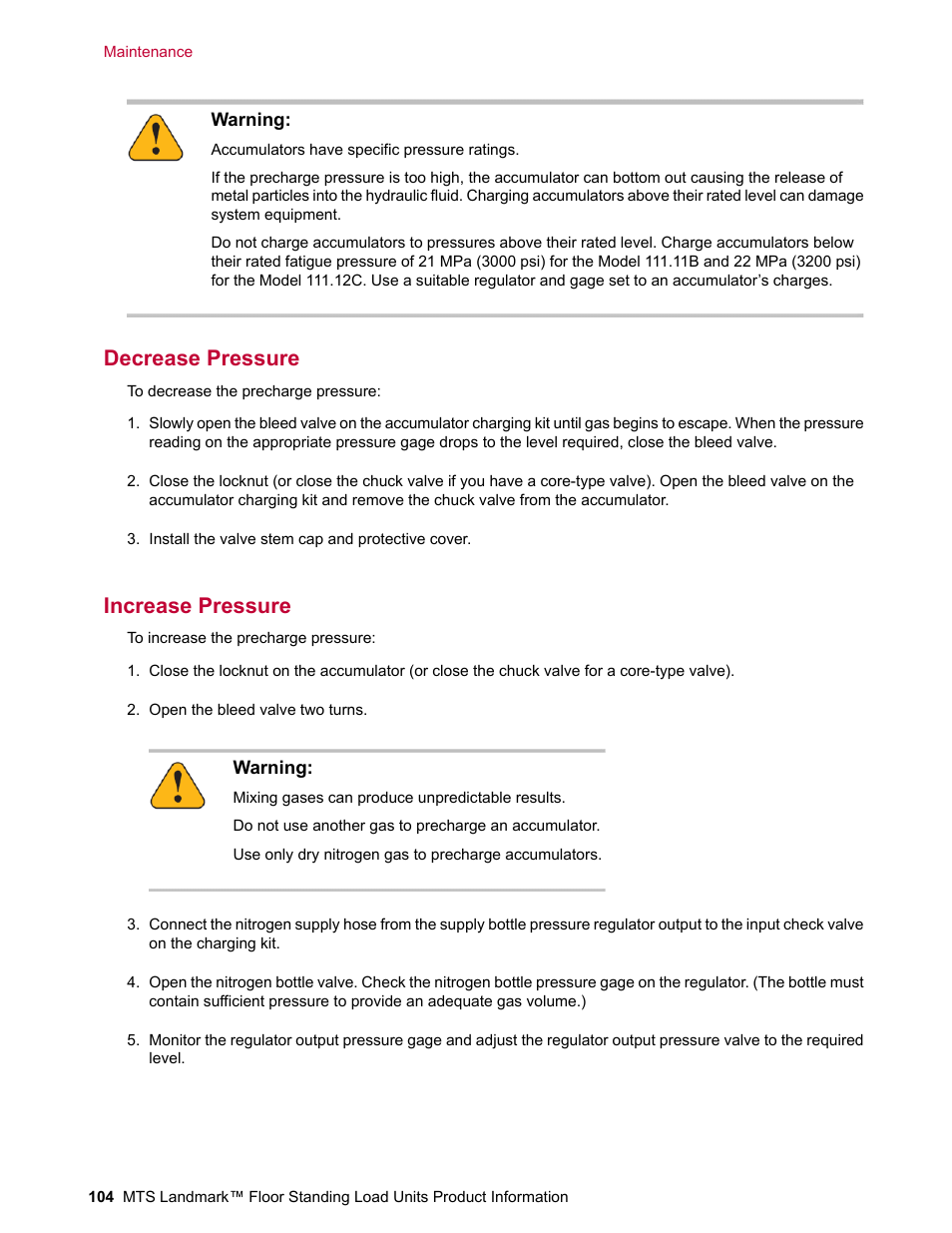 Decrease pressure, Increase pressure | MTS Landmark  Floor Standing User Manual | Page 104 / 128