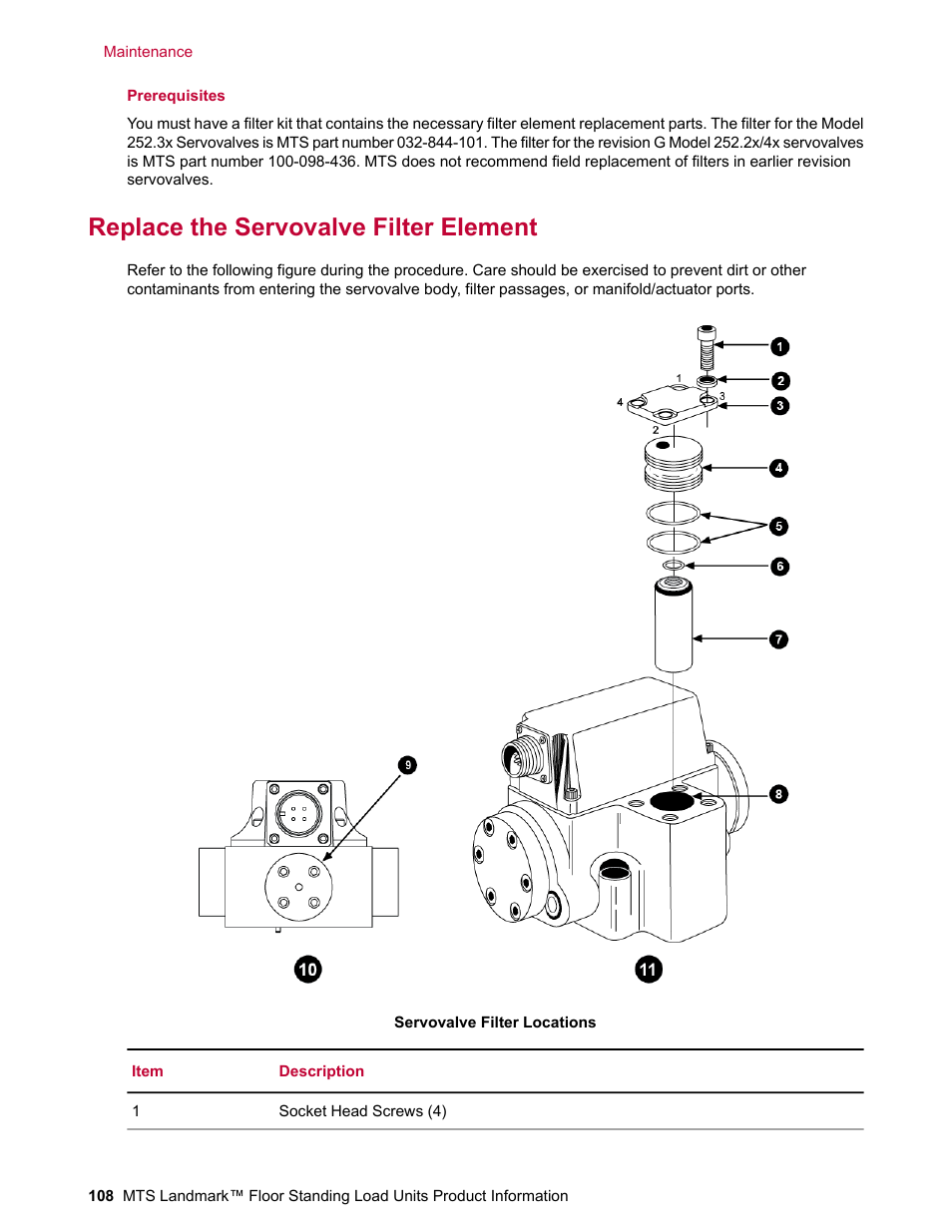 Replace the servovalve filter element | MTS Landmark  Floor Standing User Manual | Page 108 / 128