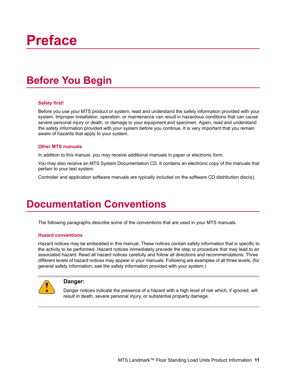 Preface, Before you begin, Documentation conventions | MTS Landmark  Floor Standing User Manual | Page 11 / 128