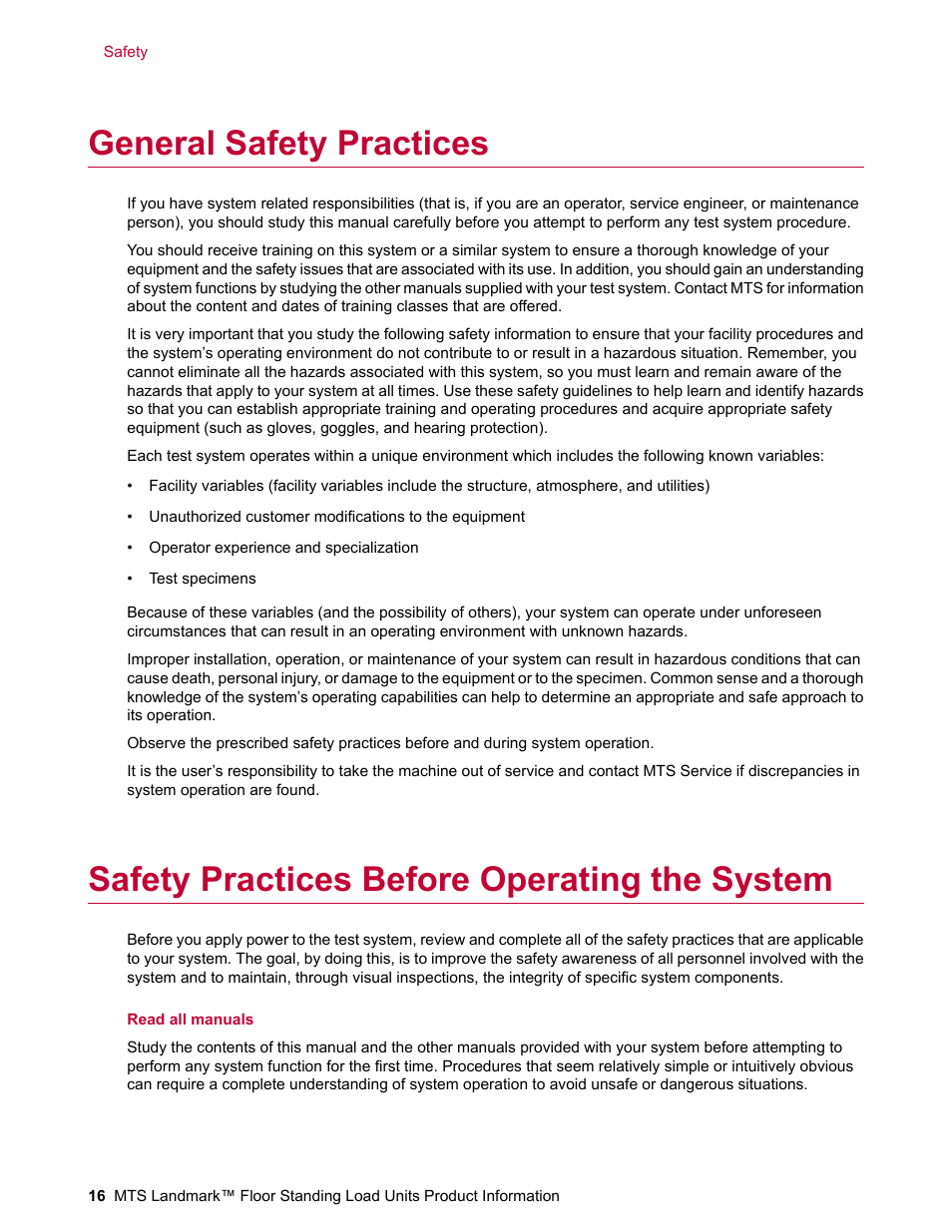 General safety practices, Safety practices before operating the system | MTS Landmark  Floor Standing User Manual | Page 16 / 128