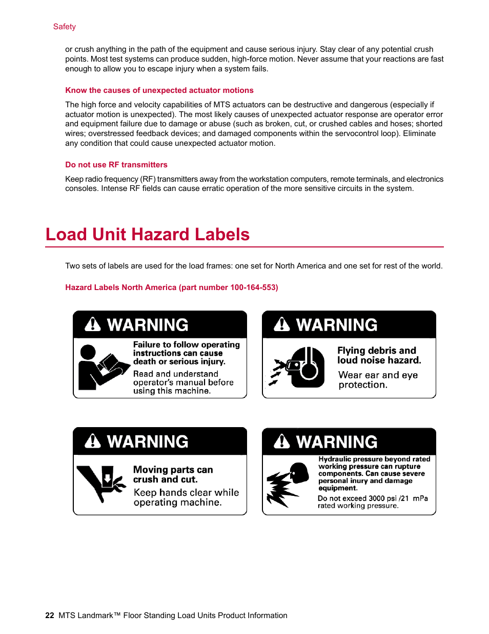 Load unit hazard labels | MTS Landmark  Floor Standing User Manual | Page 22 / 128