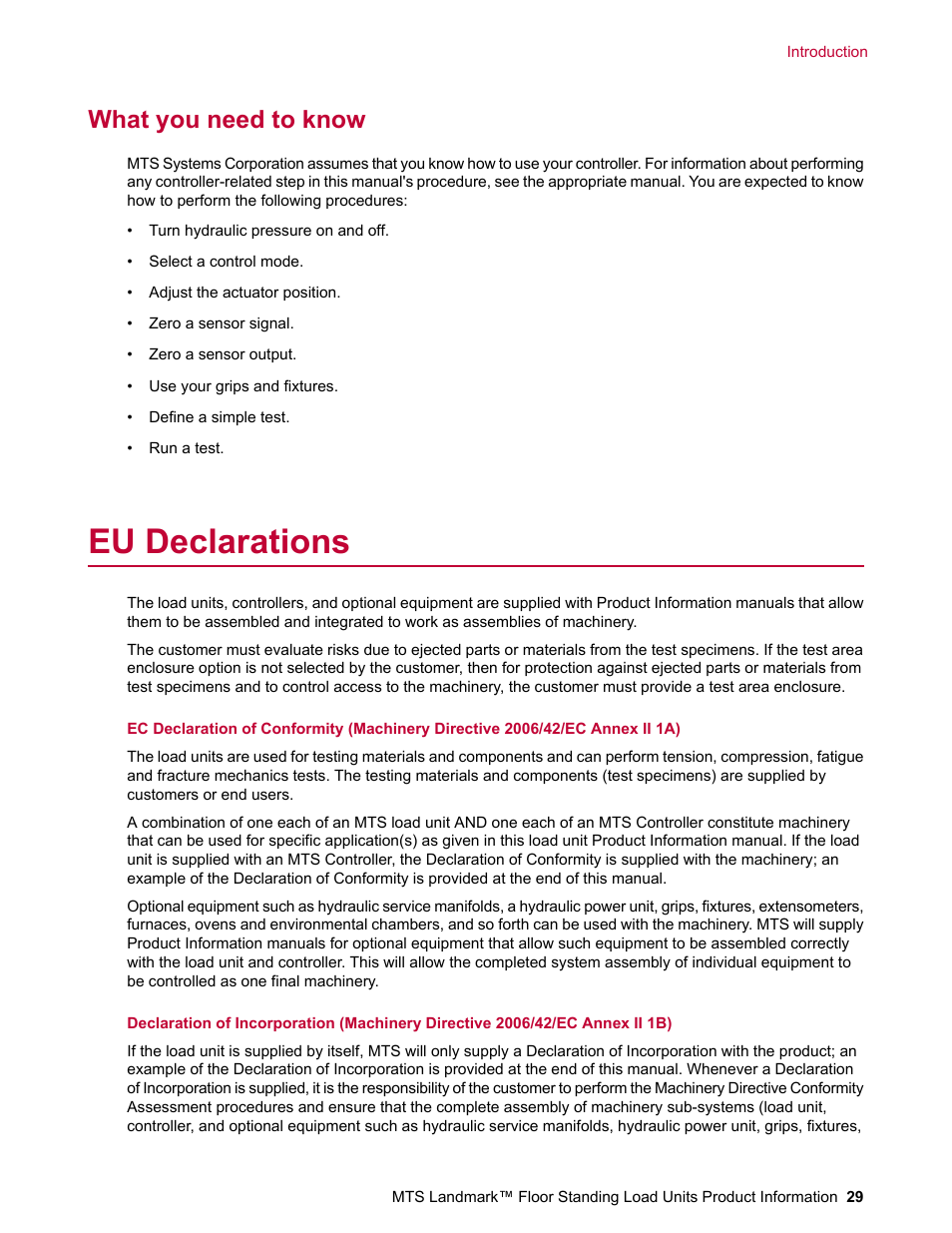 What you need to know, Eu declarations | MTS Landmark  Floor Standing User Manual | Page 29 / 128