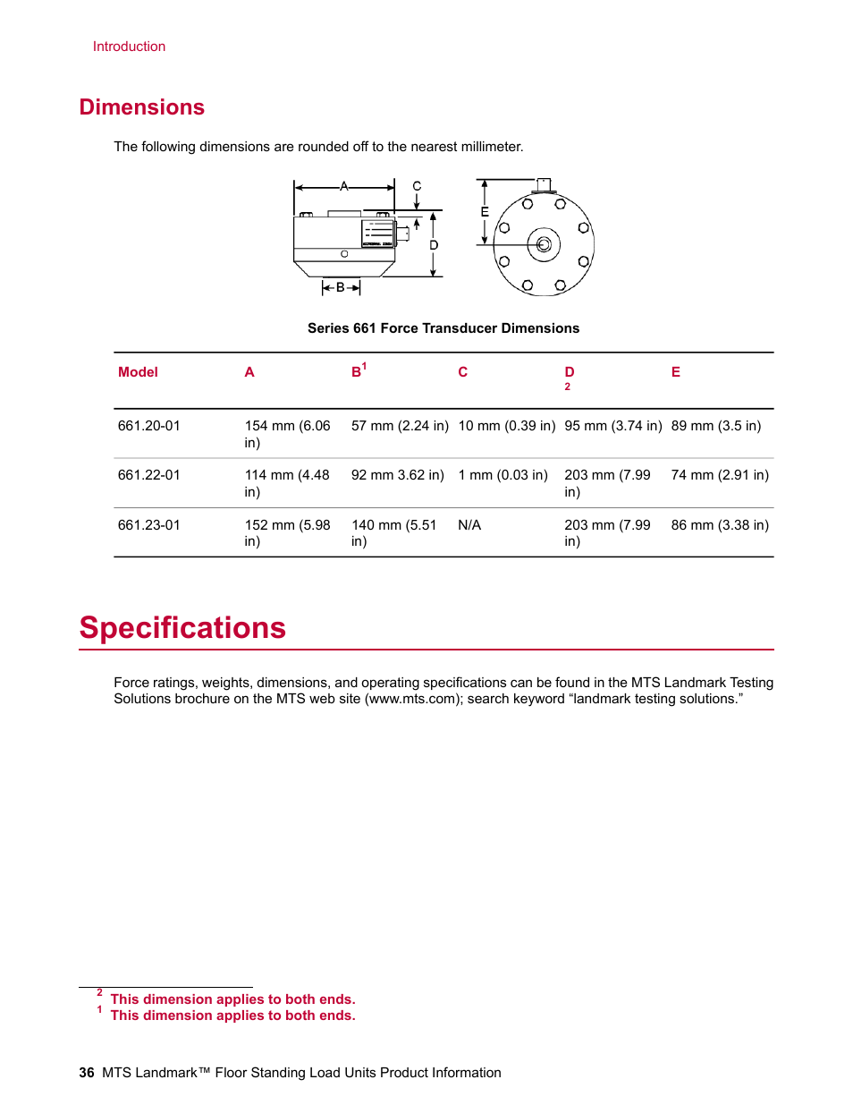 Dimensions, Specifications | MTS Landmark  Floor Standing User Manual | Page 36 / 128