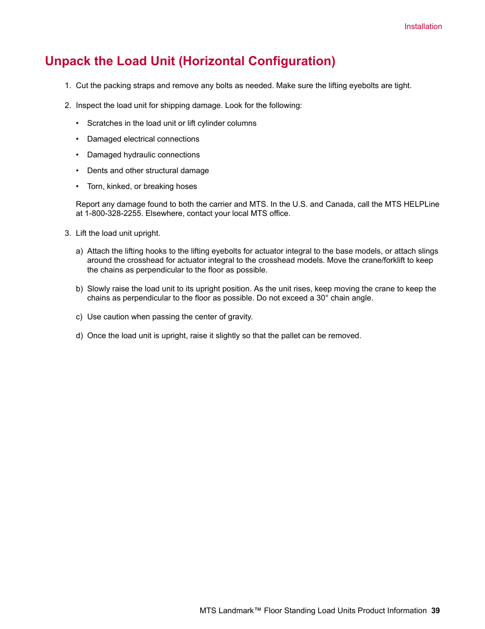 Unpack the load unit (horizontal configuration) | MTS Landmark  Floor Standing User Manual | Page 39 / 128