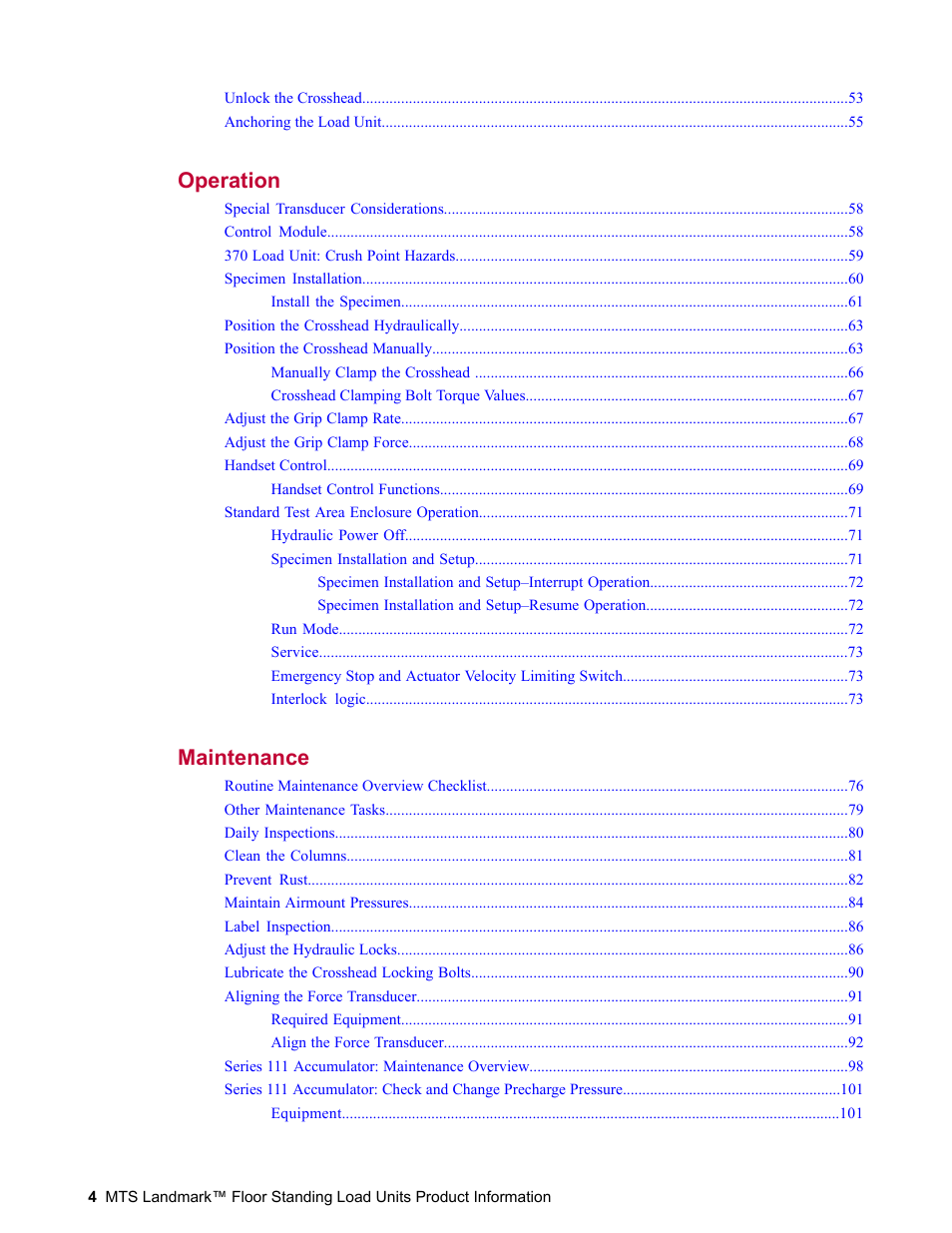 Operation 57, Maintenance 75 | MTS Landmark  Floor Standing User Manual | Page 4 / 128