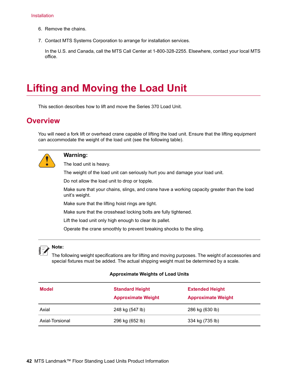 Lifting and moving the load unit, Overview | MTS Landmark  Floor Standing User Manual | Page 42 / 128