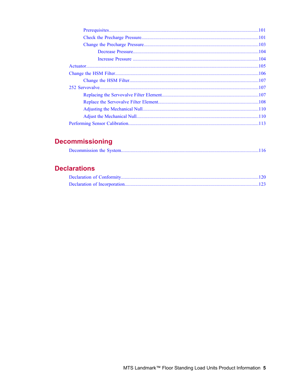 Decommissioning 115, Declarations 119 | MTS Landmark  Floor Standing User Manual | Page 5 / 128