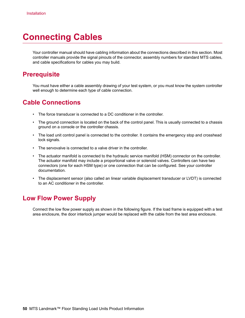 Connecting cables, Prerequisite, Cable connections | Low flow power supply | MTS Landmark  Floor Standing User Manual | Page 50 / 128